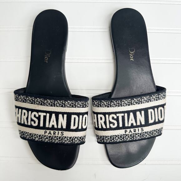 Christian Dior Dway Slide Sandals Black White Embroidered Logo Flats Size 36